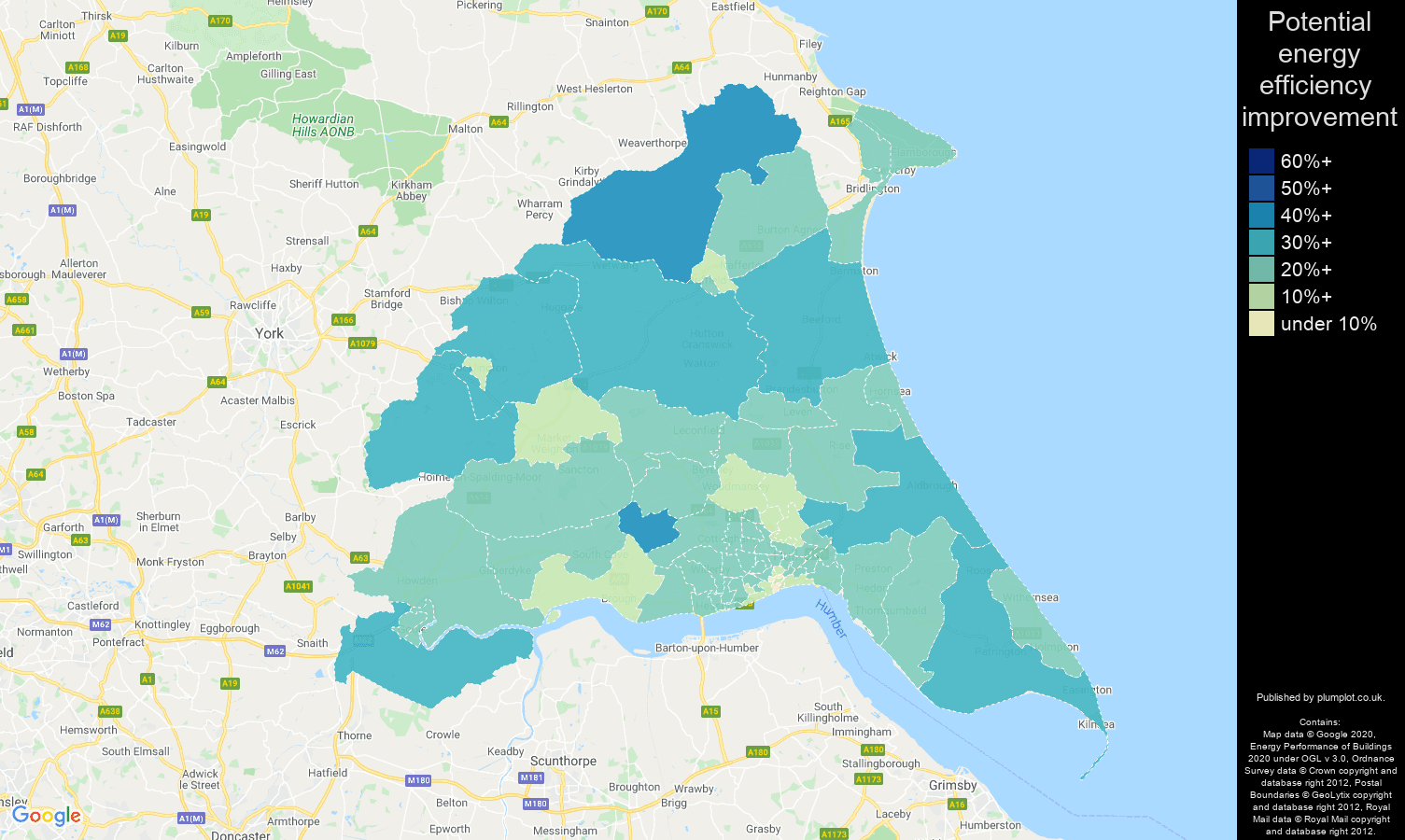 East Riding of Yorkshire map of potential energy efficiency improvement of properties