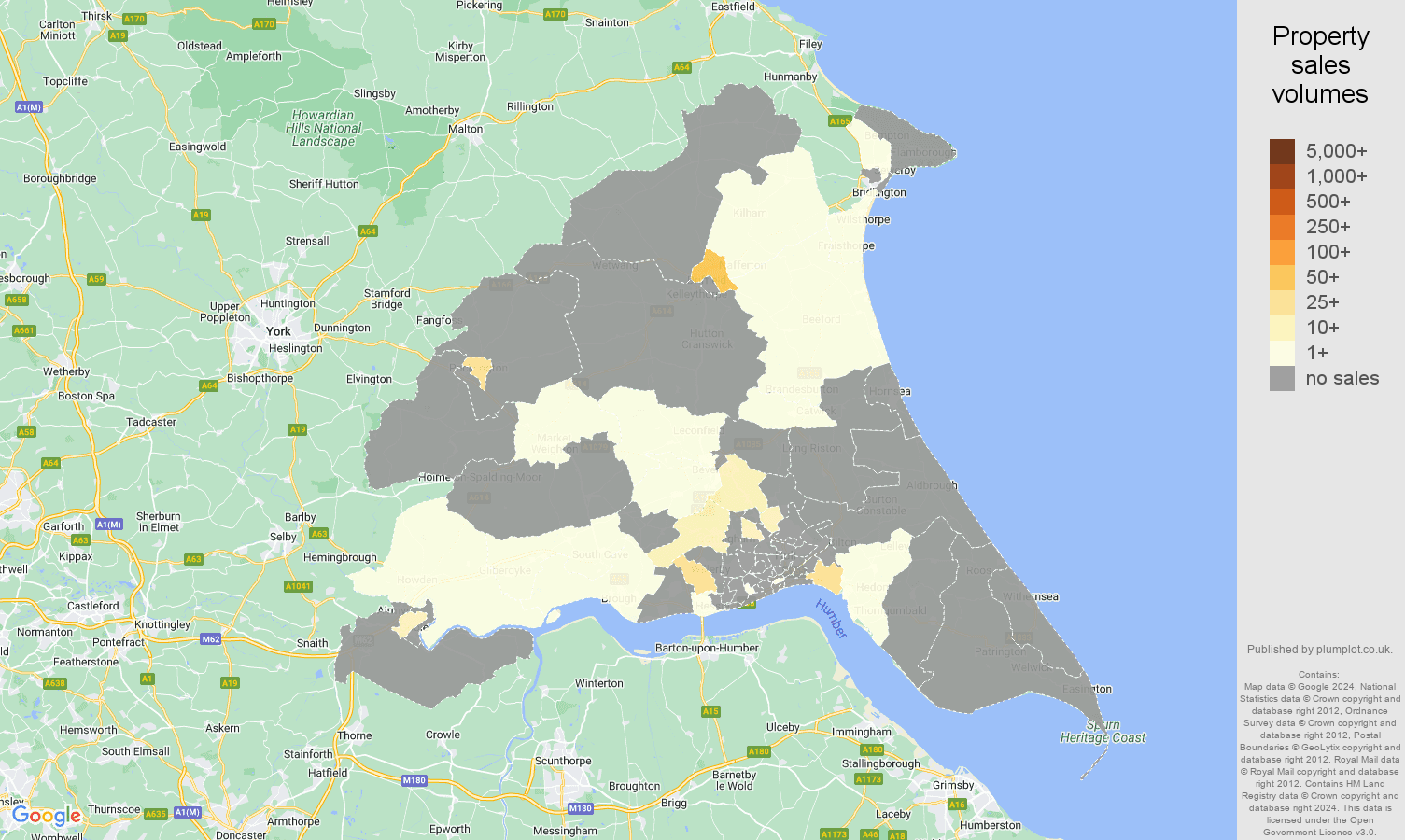 East Riding of Yorkshire map of sales of new properties