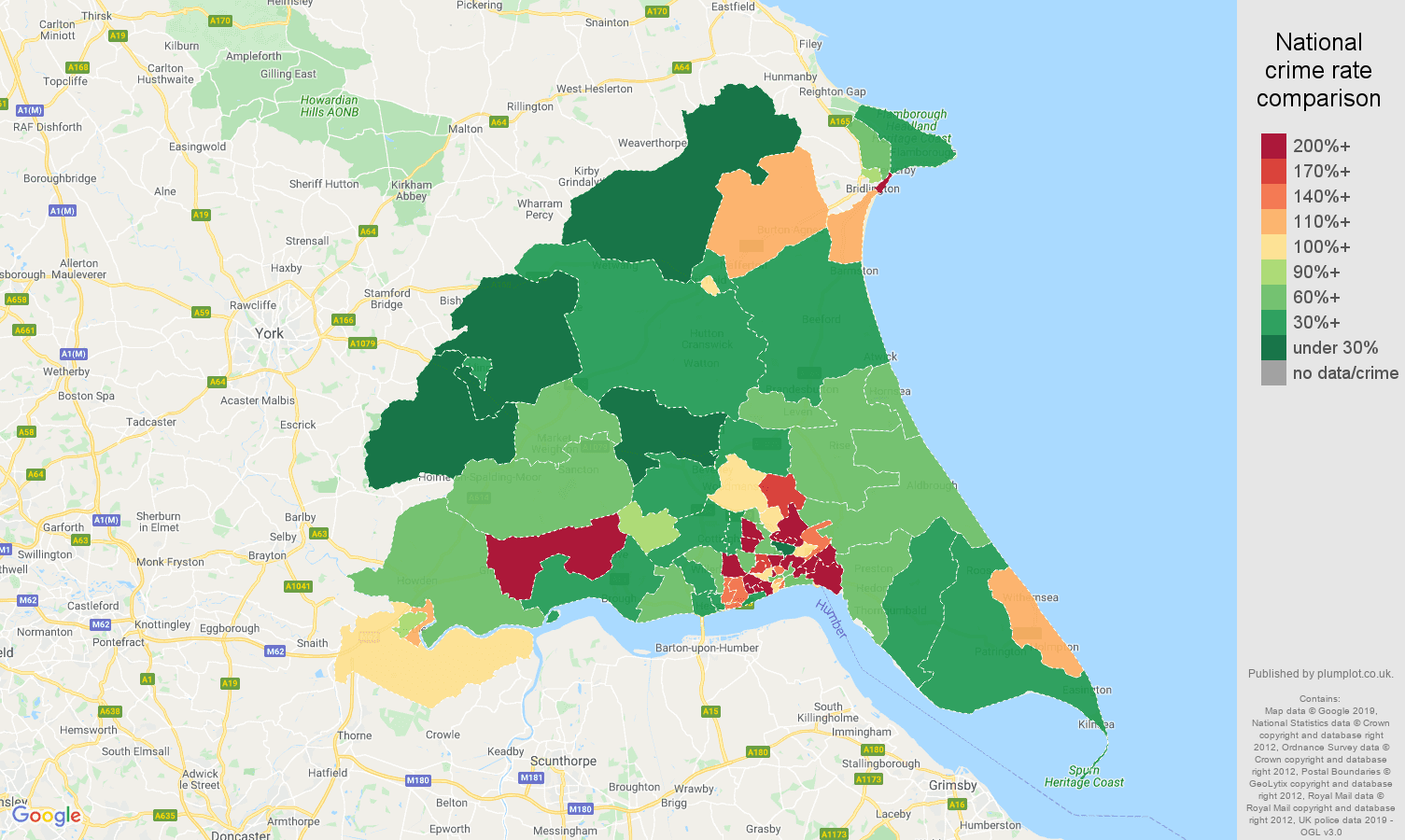 East Riding of Yorkshire other crime rate comparison map