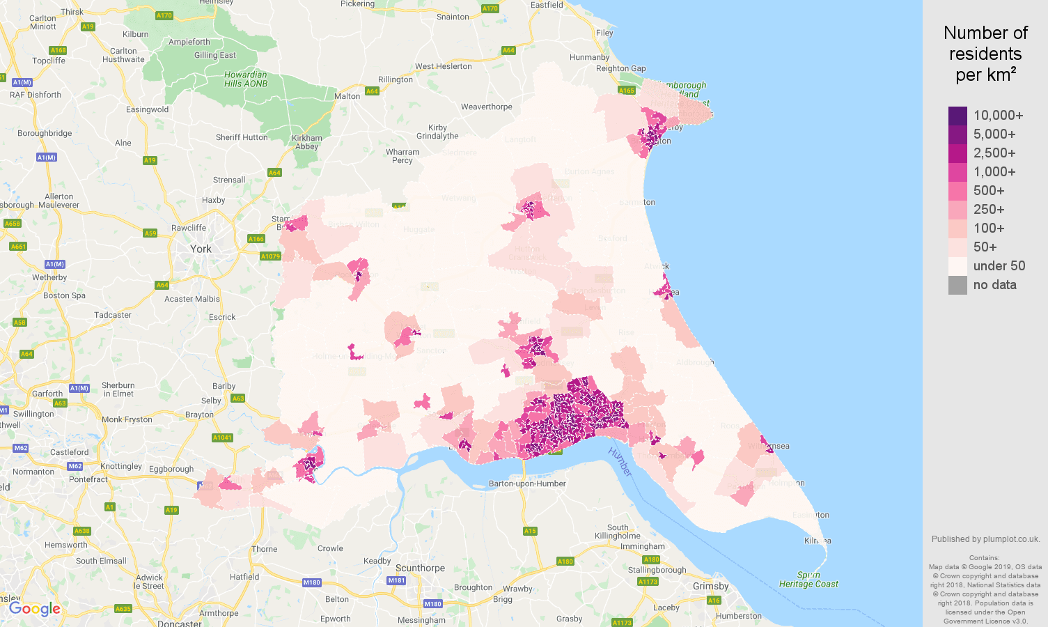 East Riding of Yorkshire population density map