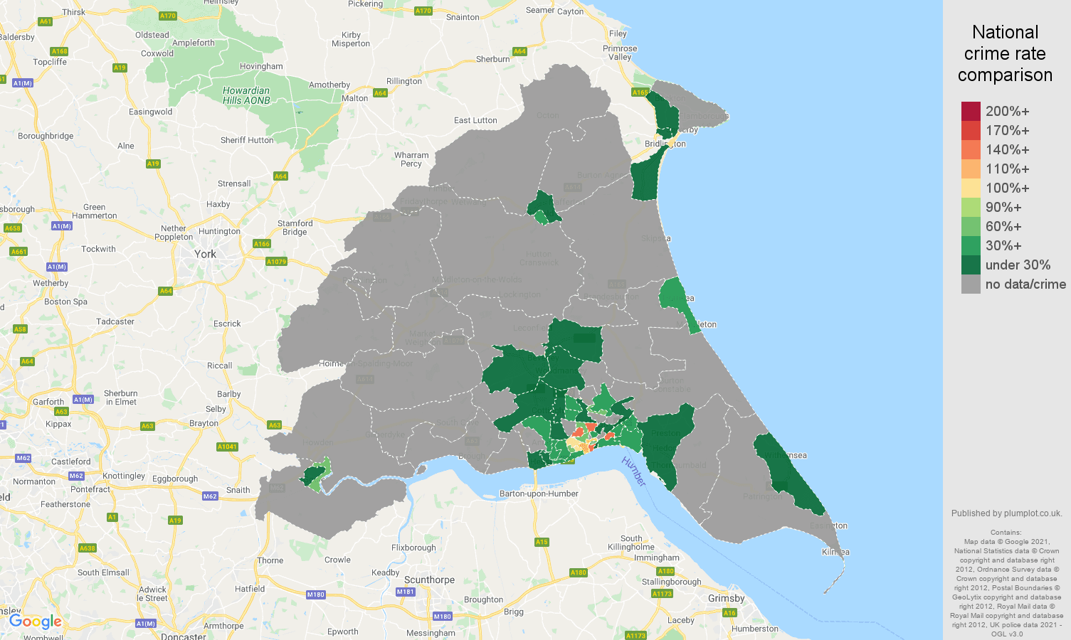East Riding of Yorkshire theft from the person crime rate comparison map