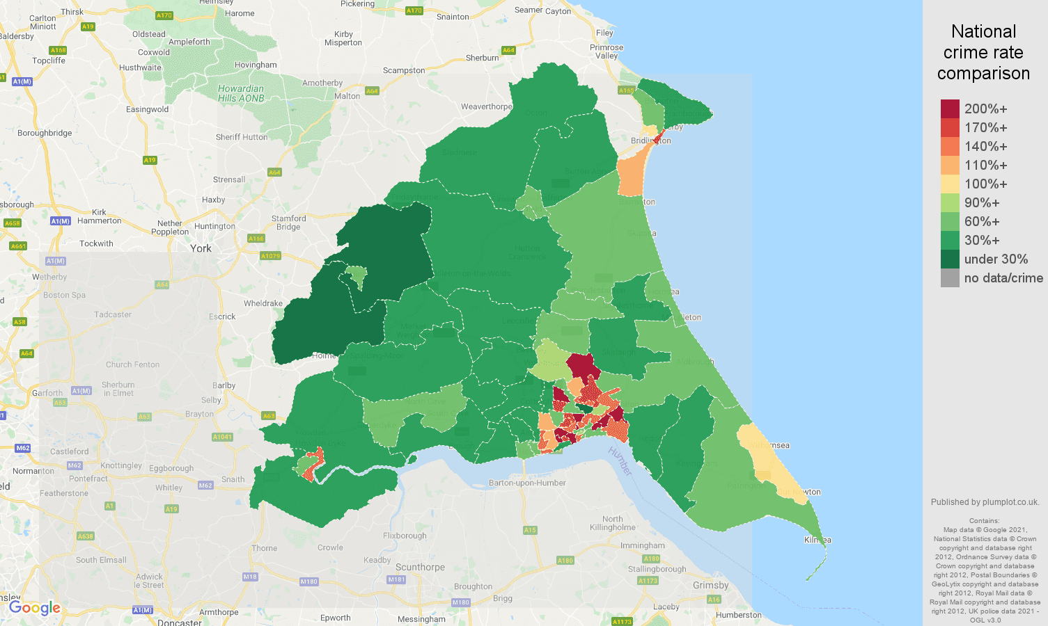 East Riding of Yorkshire violent crime rate comparison map