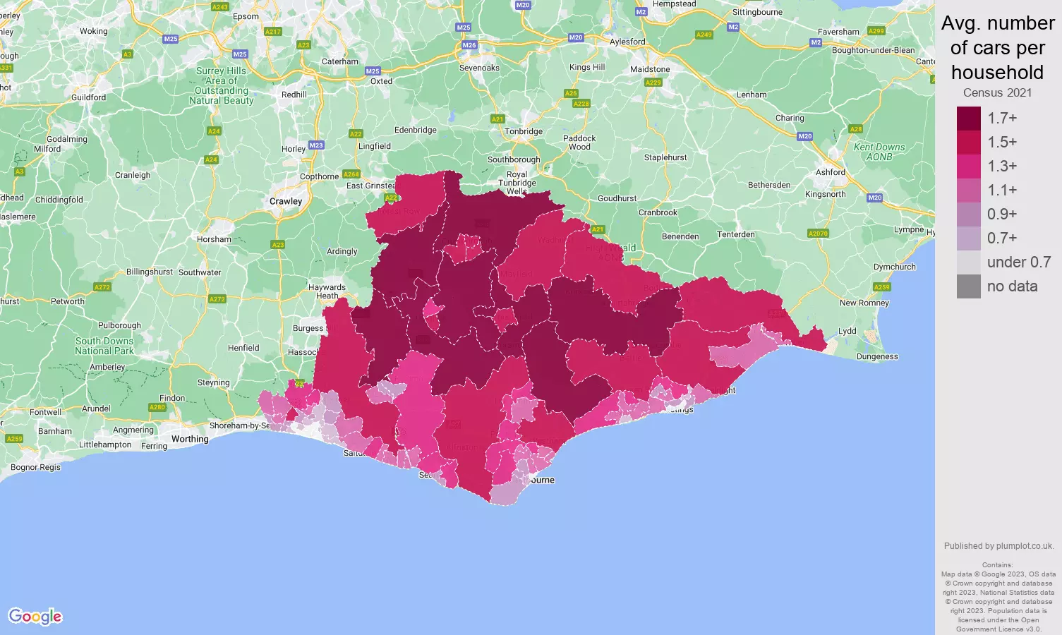 East Sussex cars per household map