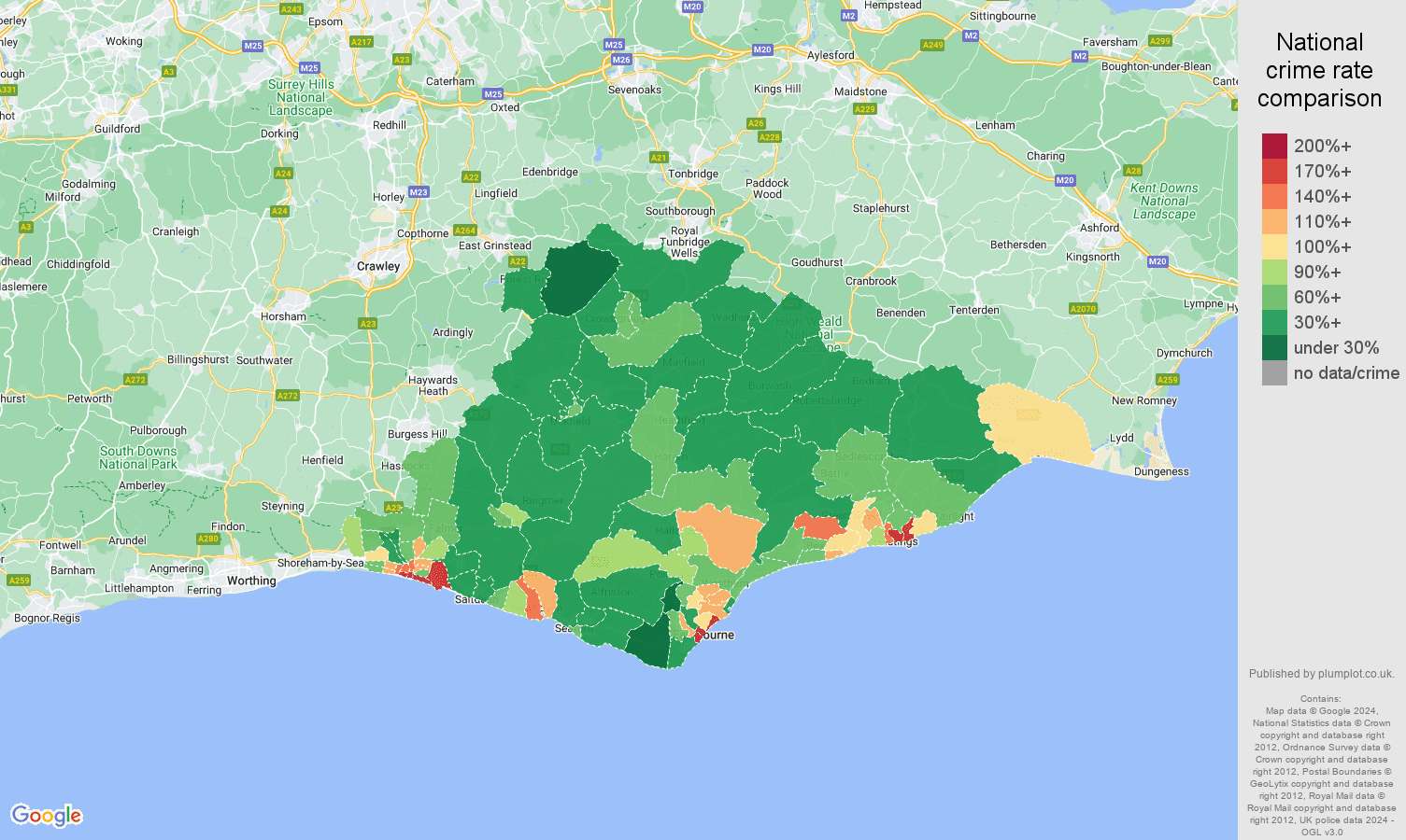 East Sussex crime rate comparison map