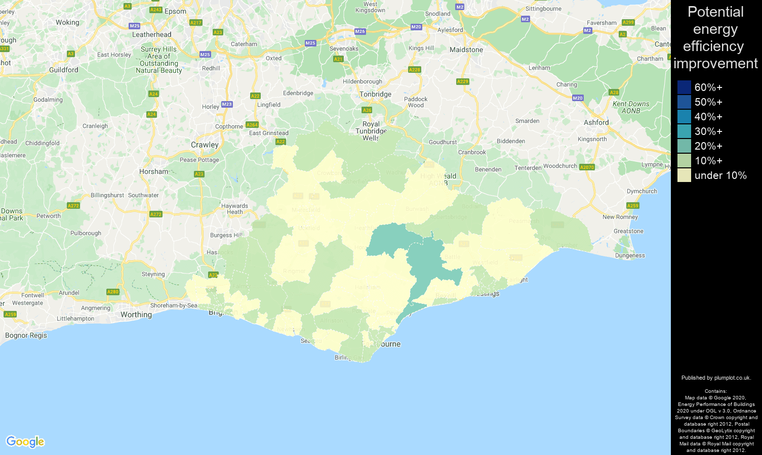 East Sussex map of potential energy efficiency improvement of flats