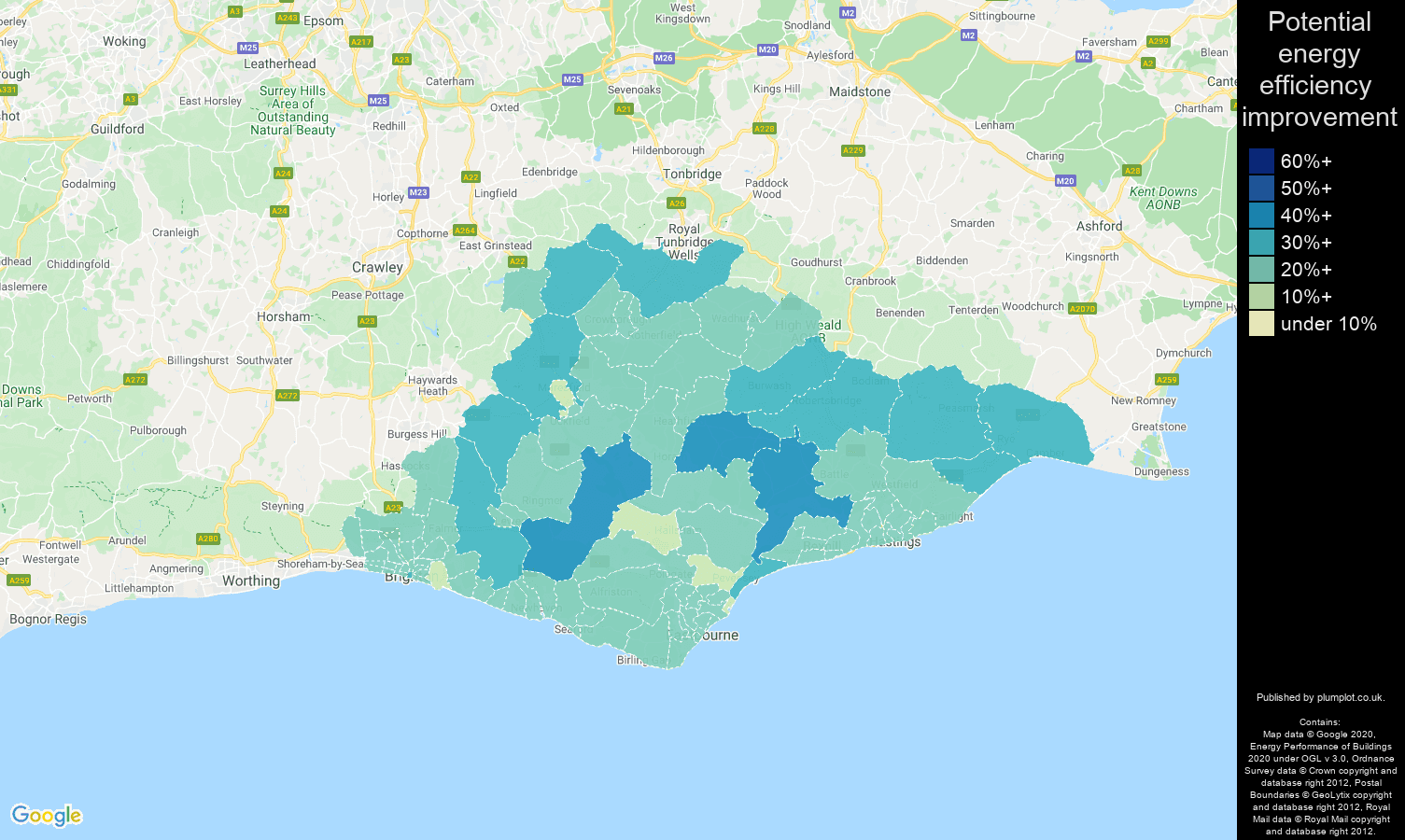 East Sussex map of potential energy efficiency improvement of houses