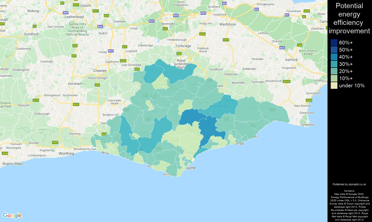 East Sussex map of potential energy efficiency improvement of properties