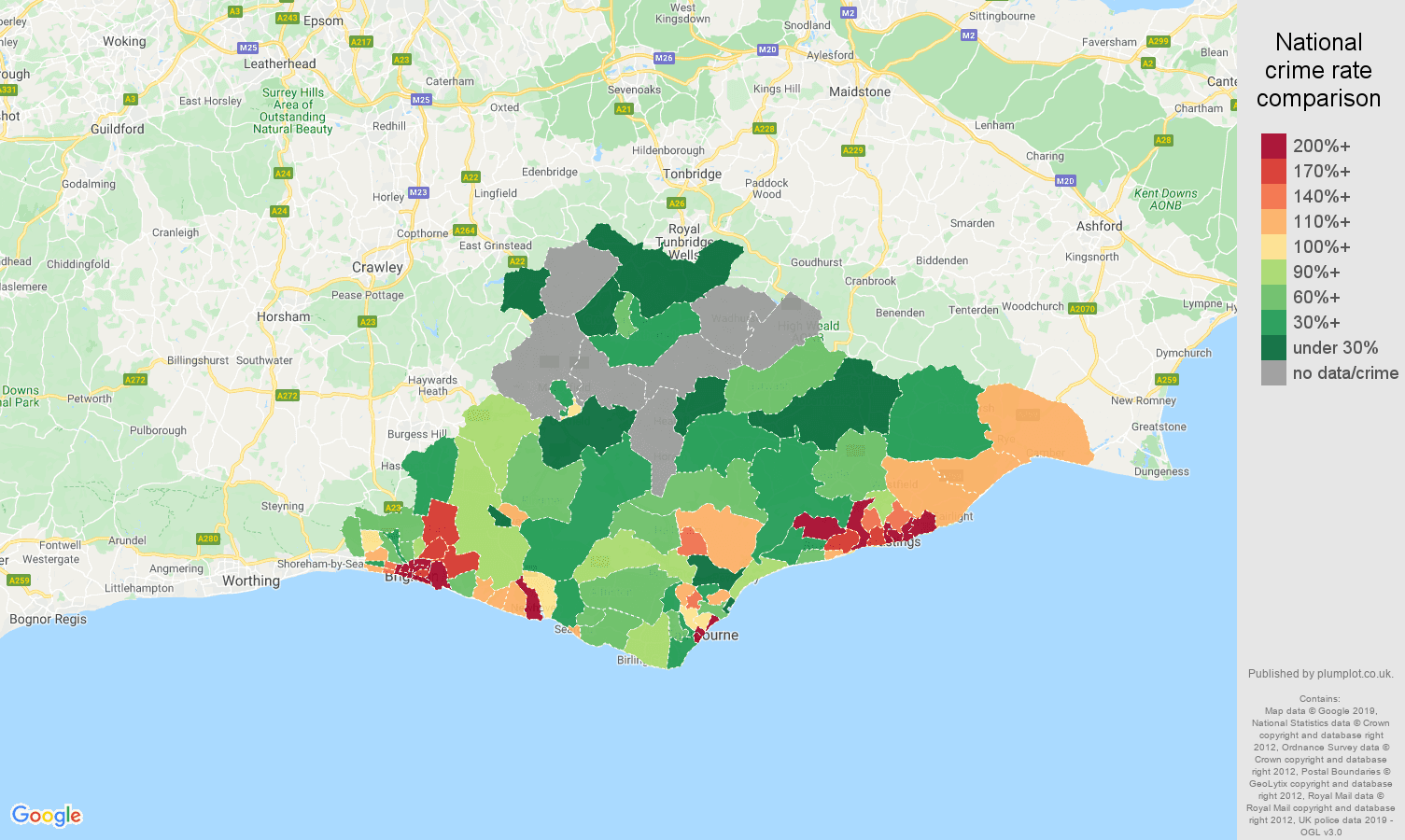 East Sussex possession of weapons crime rate comparison map