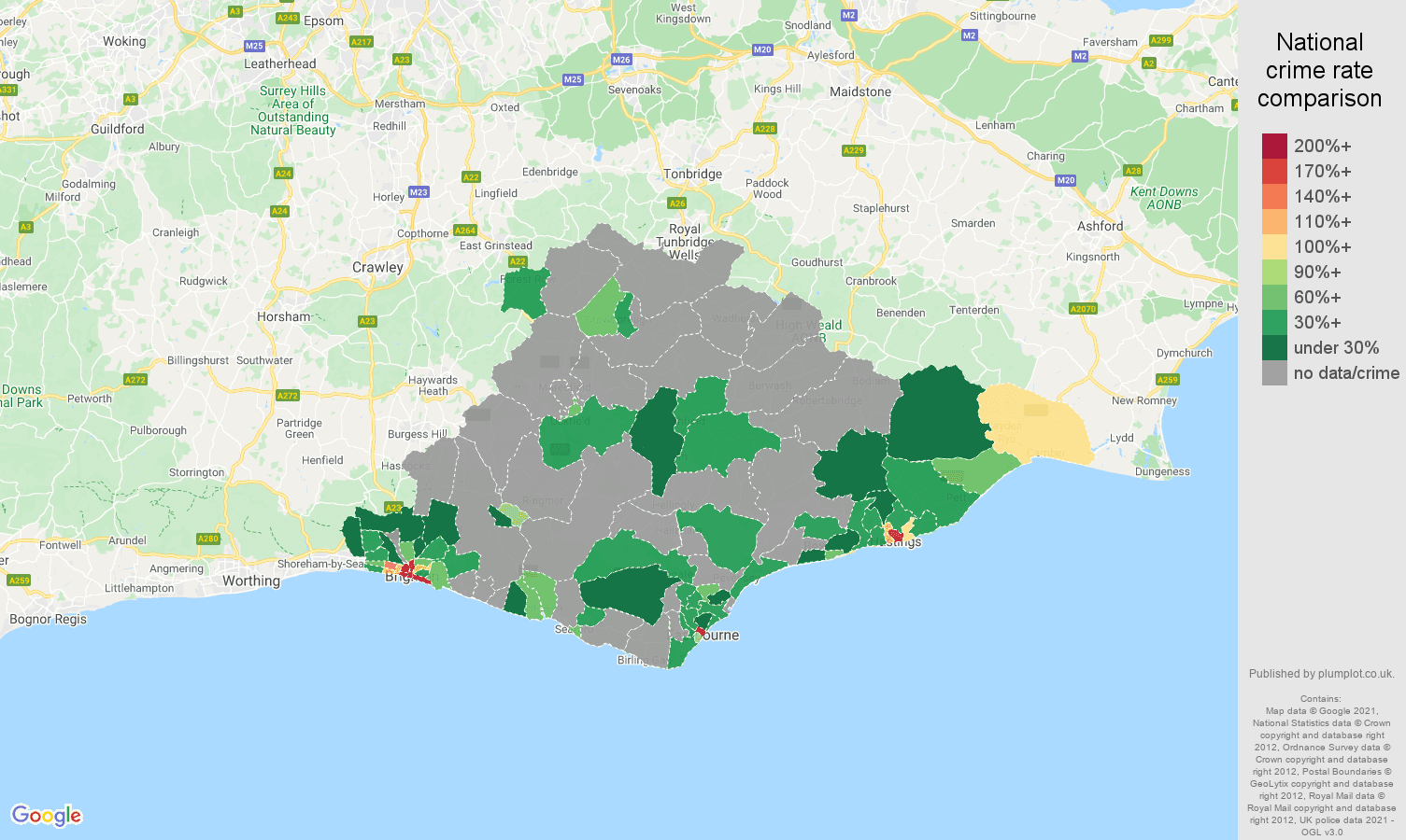 East Sussex theft from the person crime rate comparison map