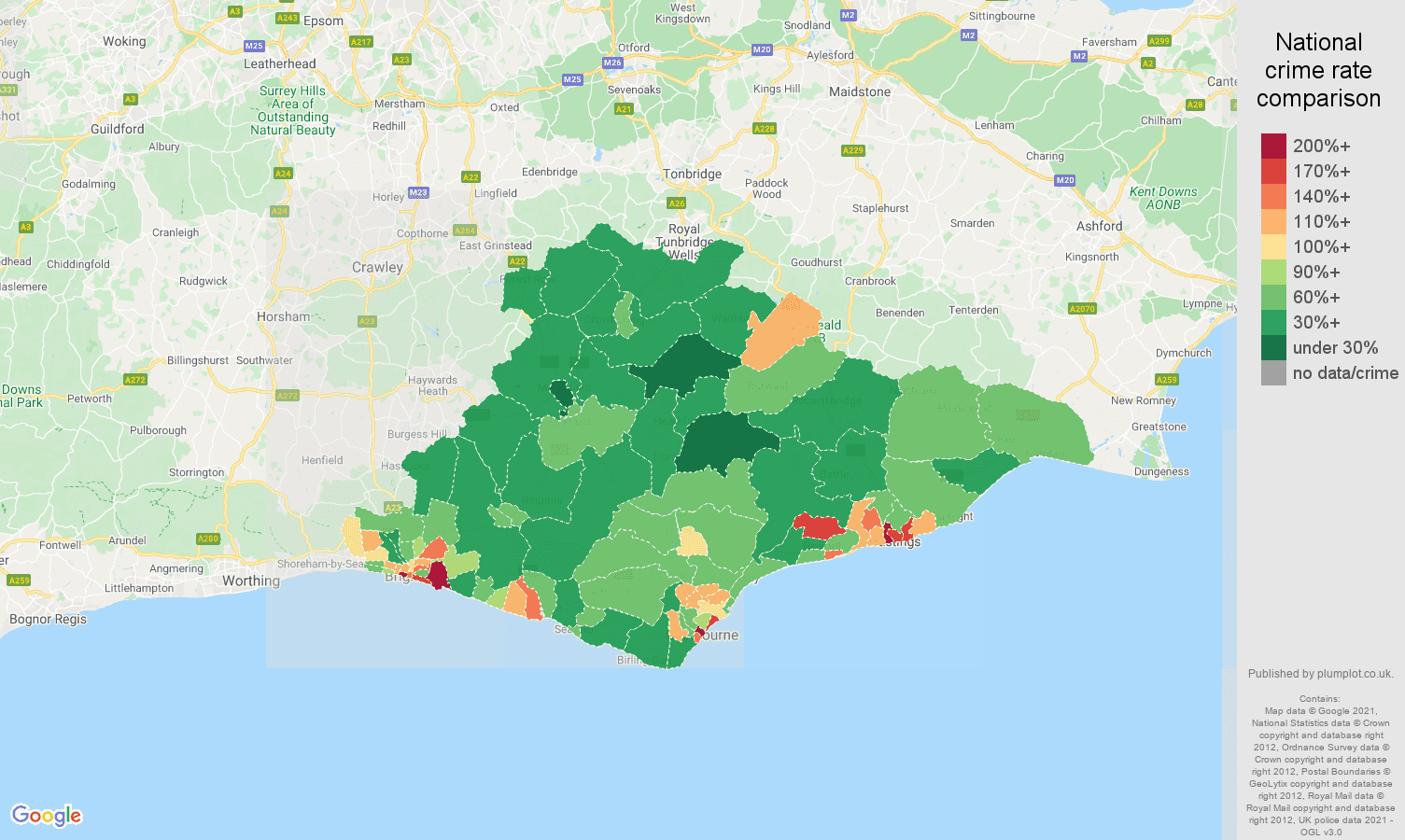 East Sussex violent crime rate comparison map