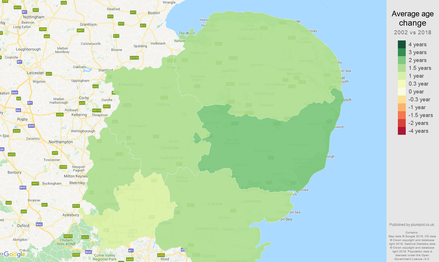East of England average age change map