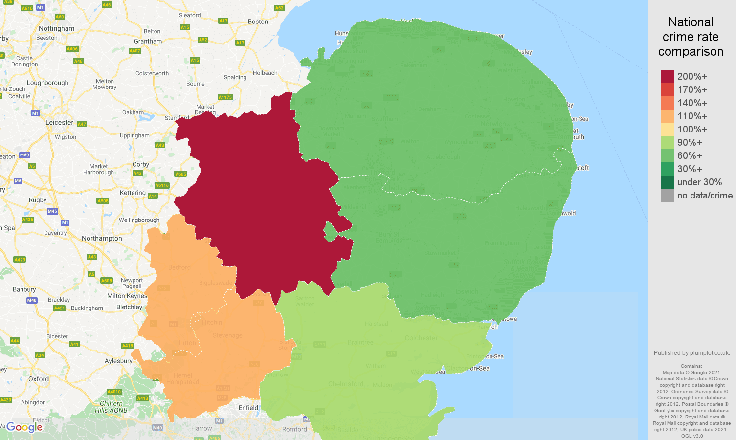 East of England bicycle theft crime rate comparison map
