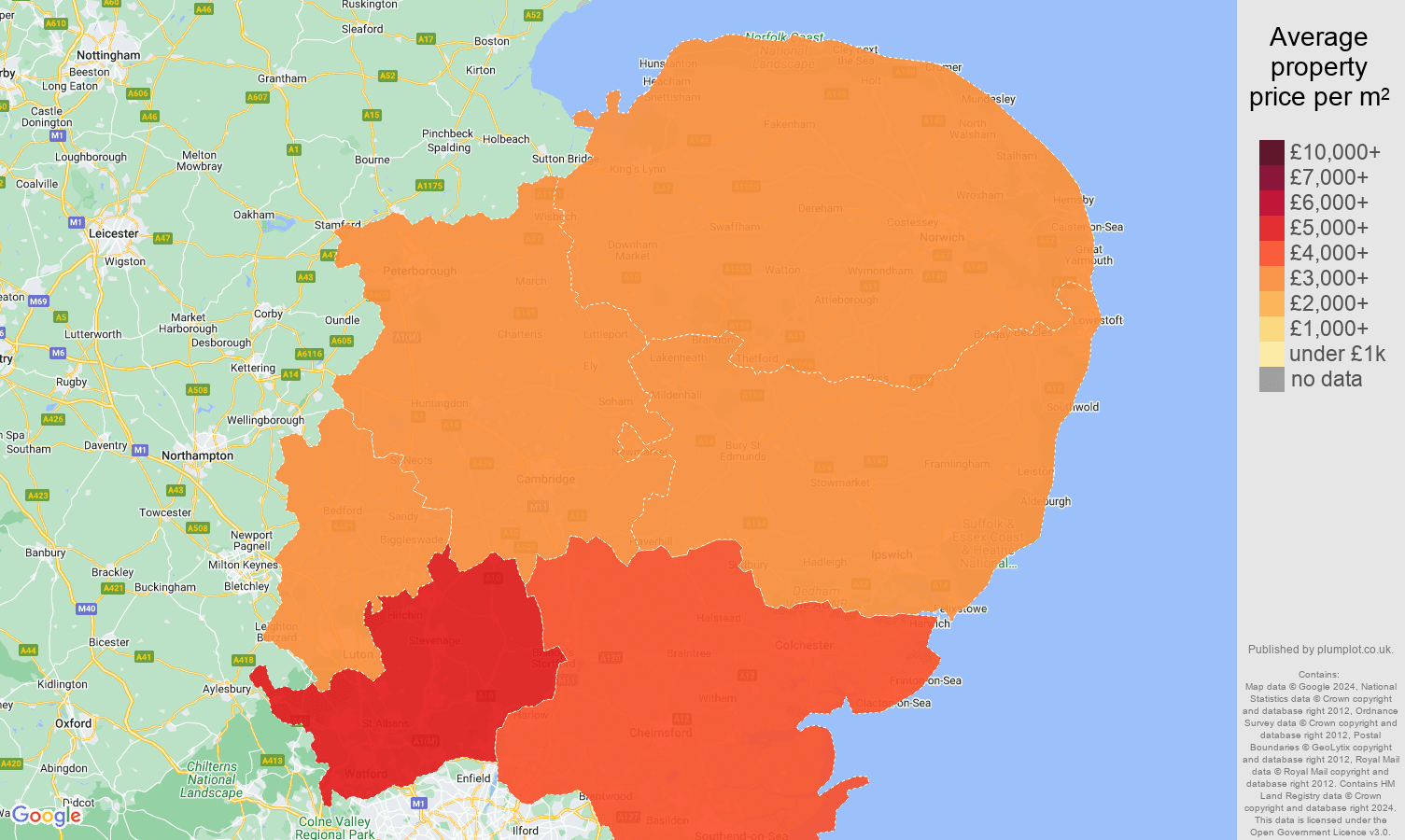 East of England house prices per square metre map