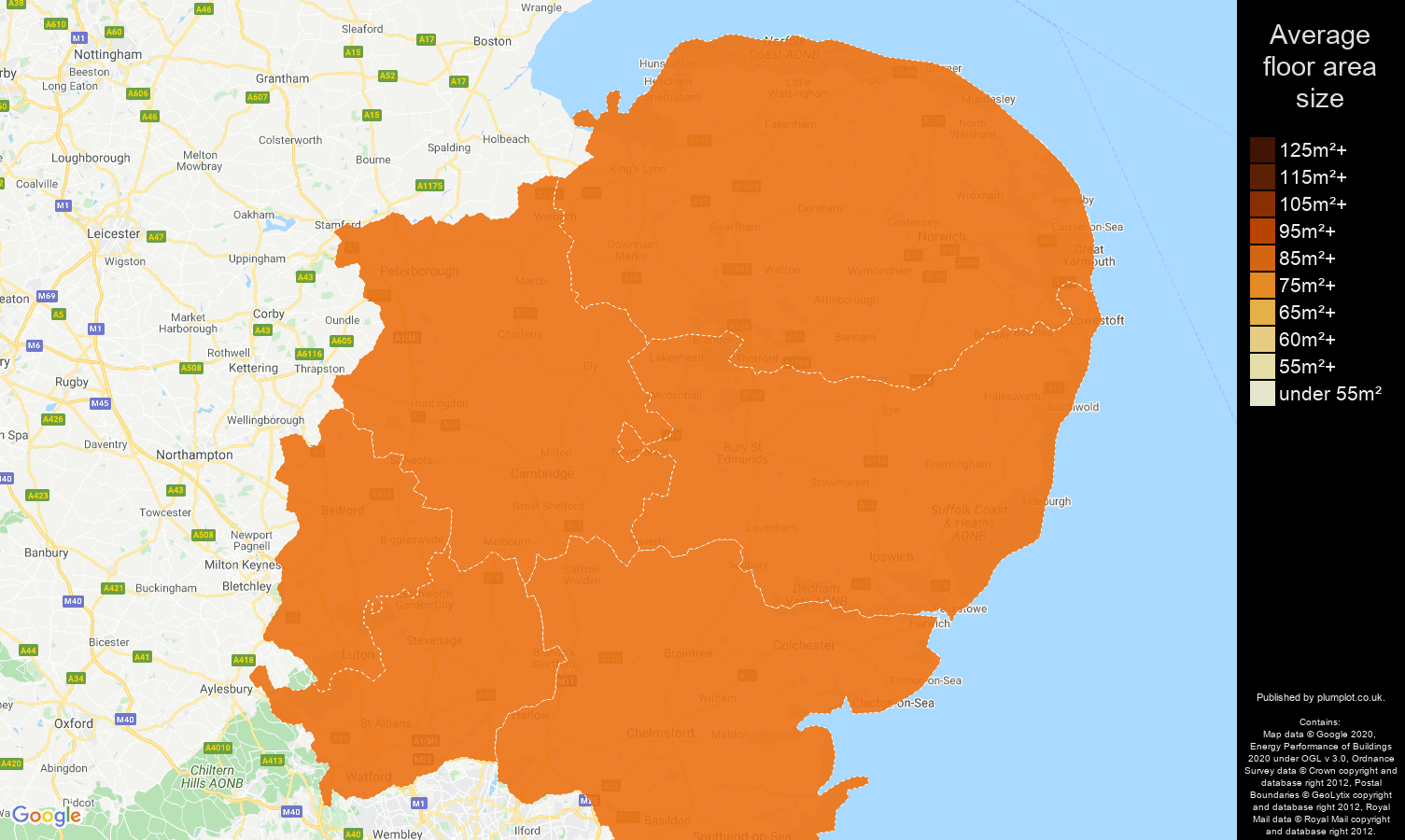 East of England map of average floor area size of properties