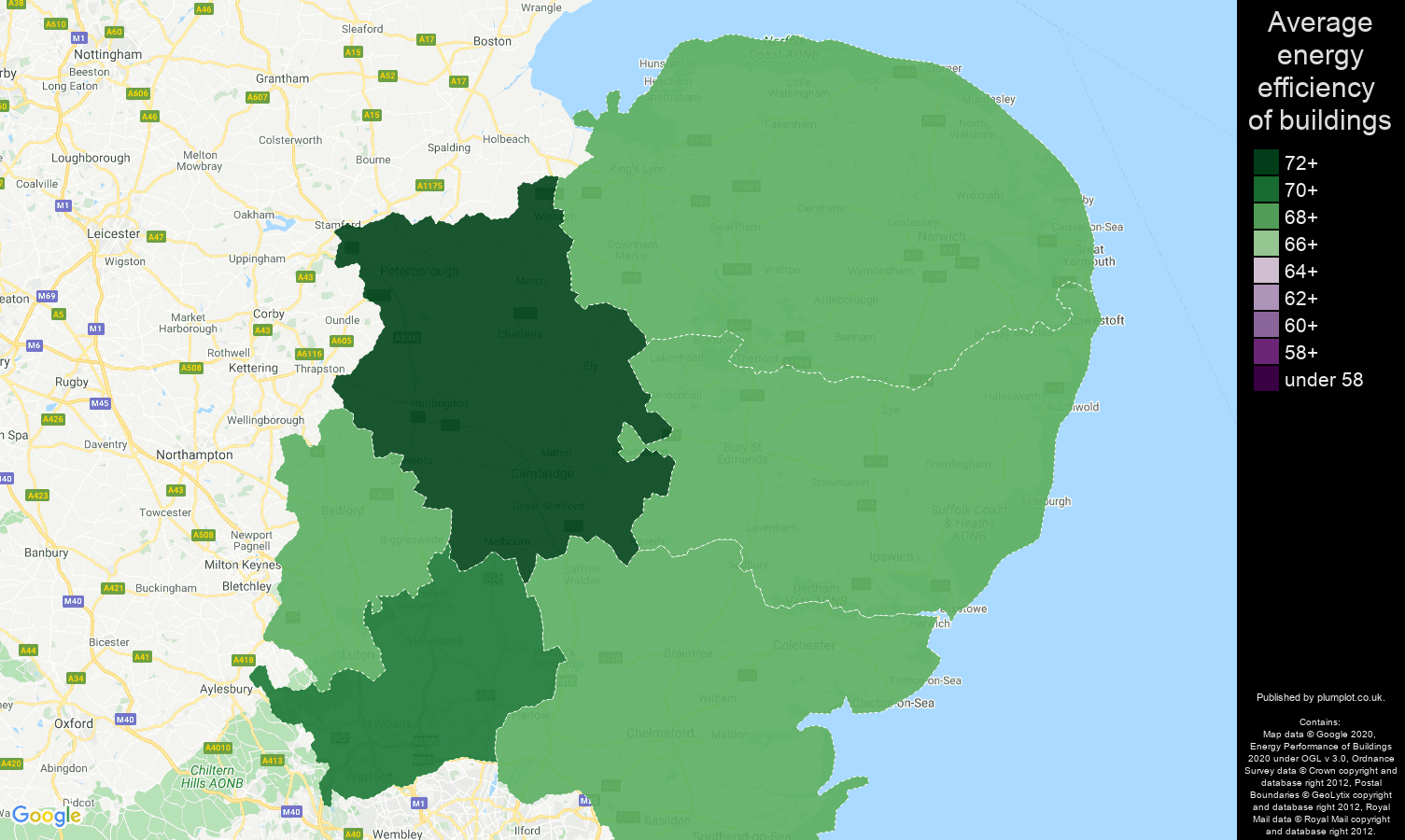 East of England map of energy efficiency of flats