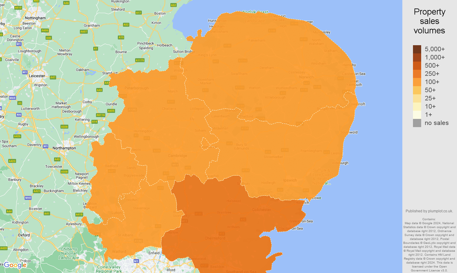 East of England map of sales of new properties