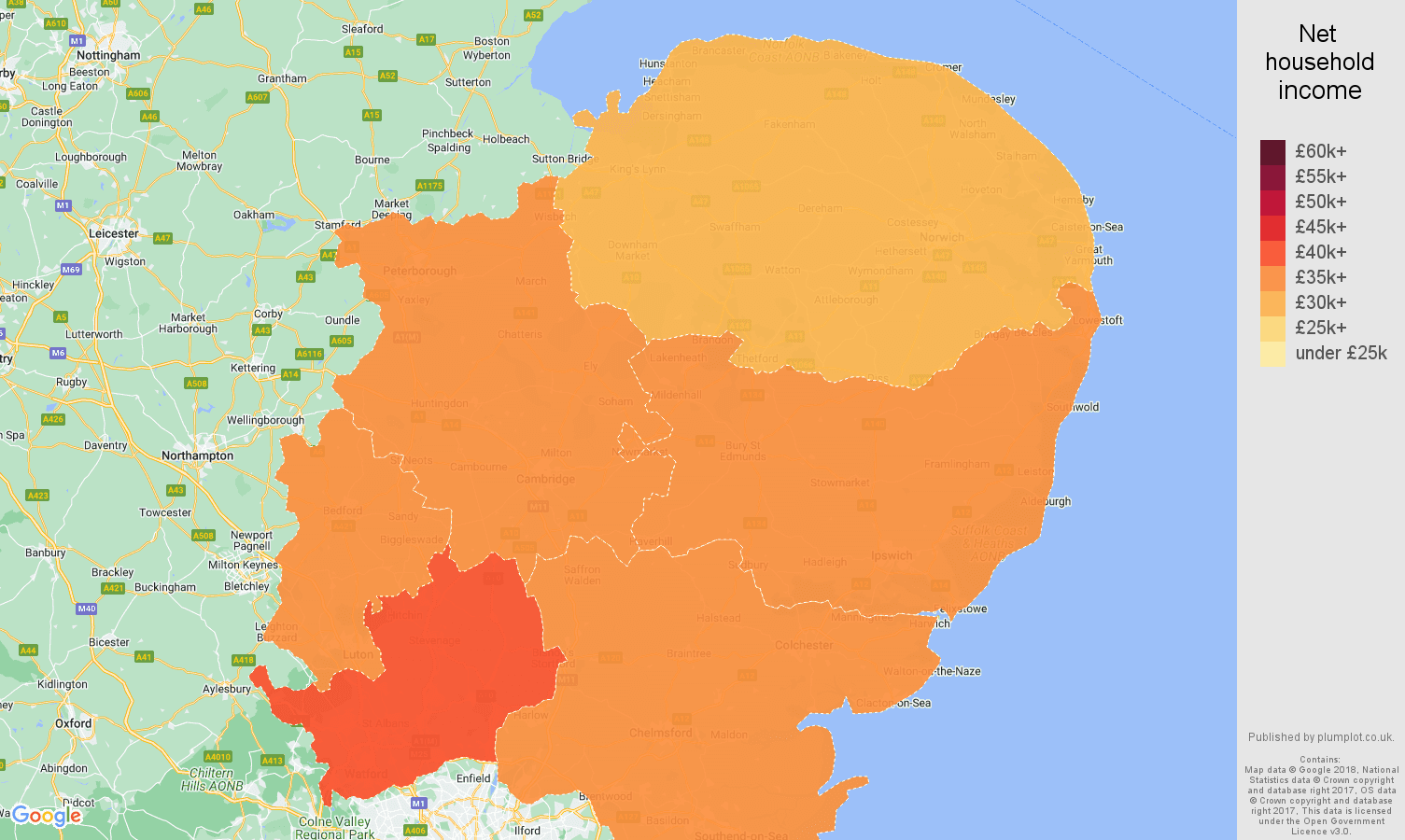 East of England net household income map