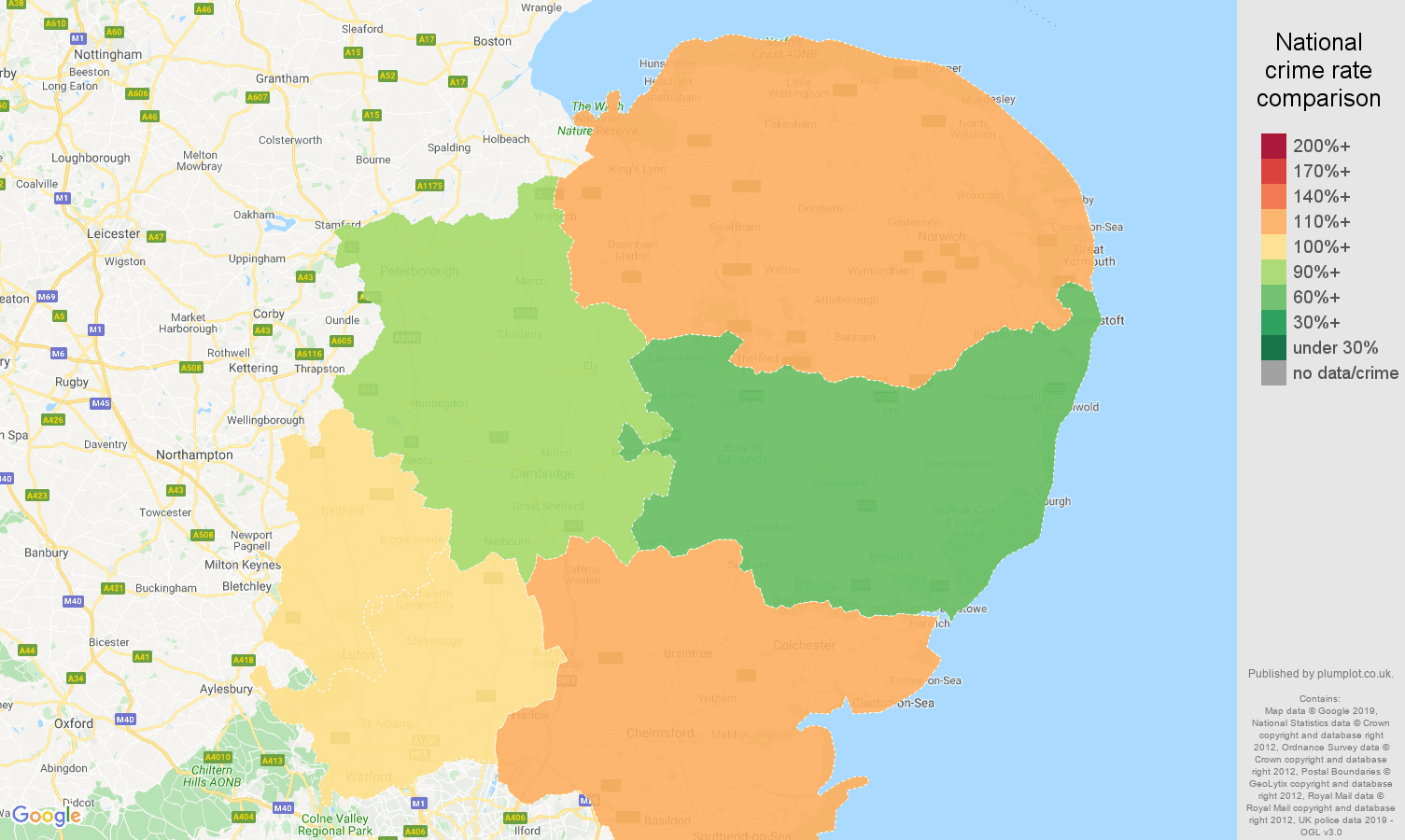 East of England other crime rate comparison map