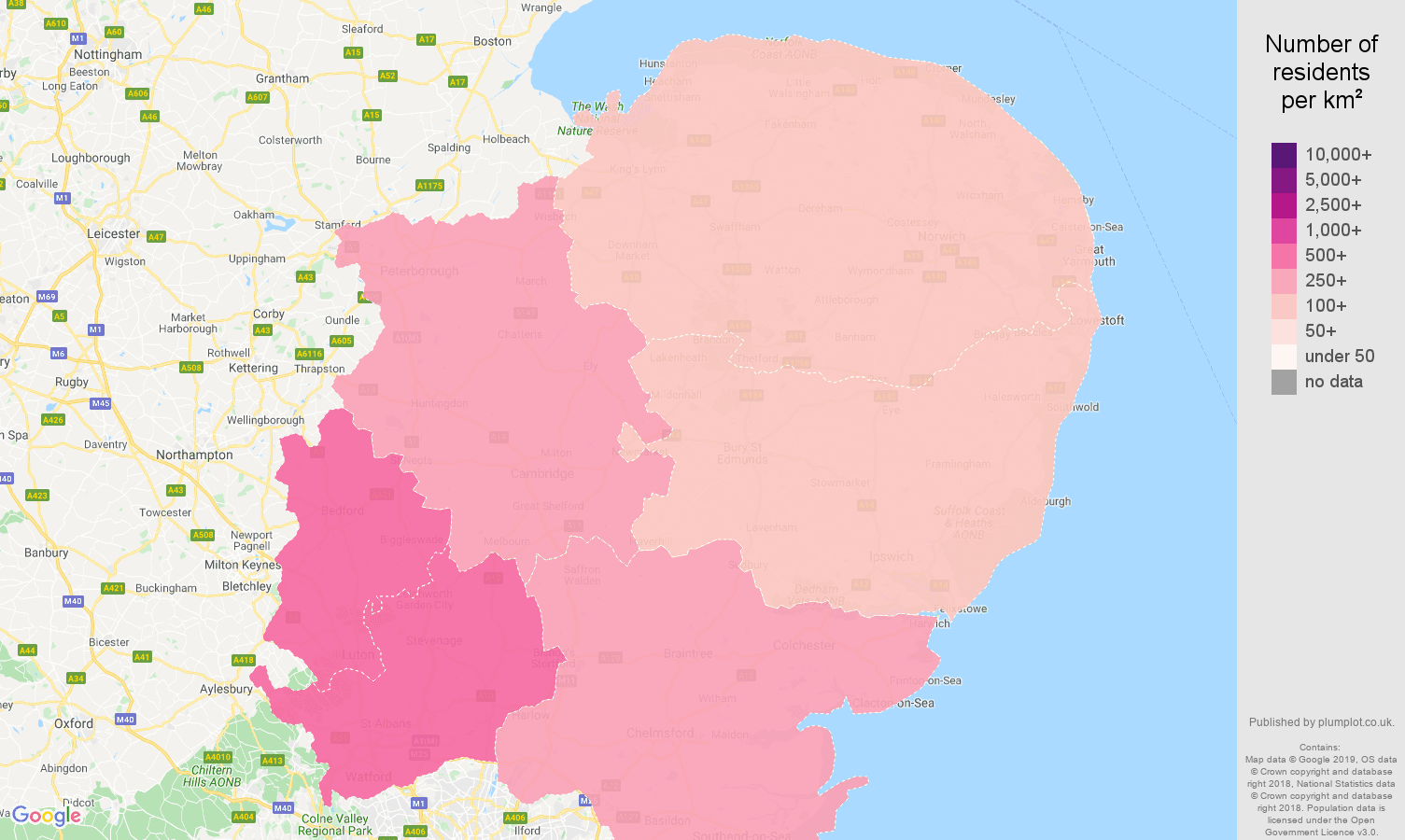 East of England population density map
