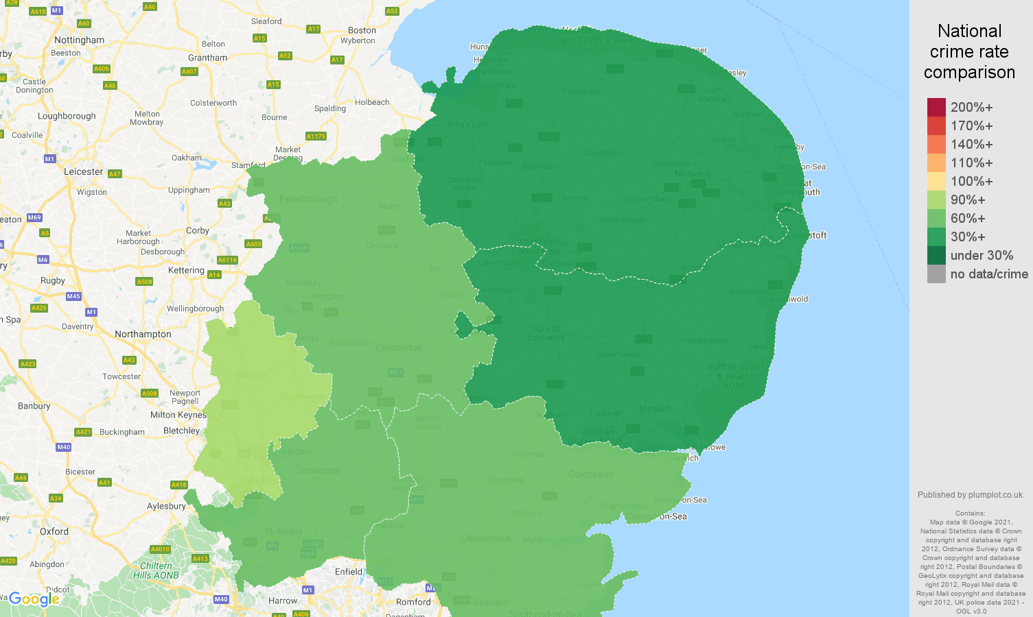 East of England robbery crime rate comparison map