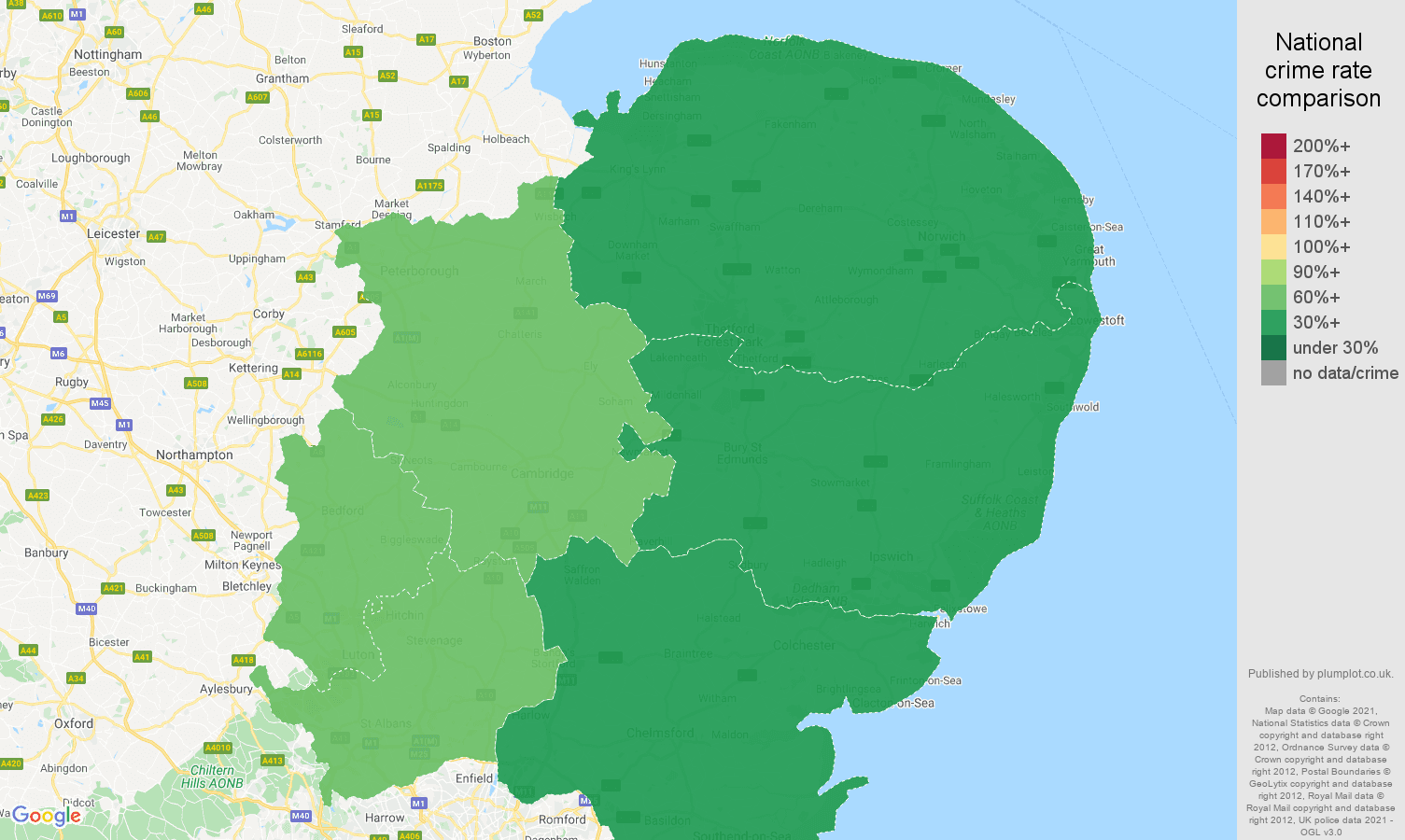 East of England theft from the person crime rate comparison map
