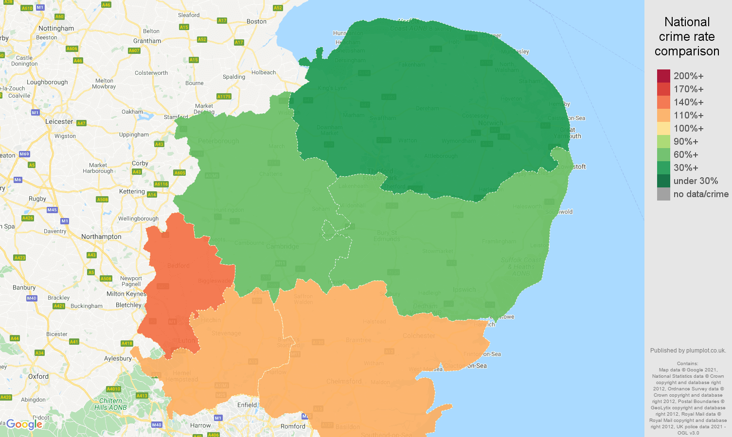 East of England vehicle crime rate comparison map
