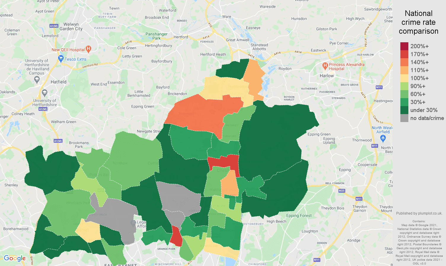 Enfield bicycle theft crime rate comparison map