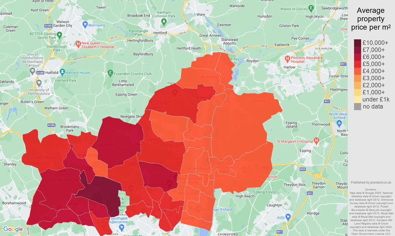 Enfield house prices per square metre map