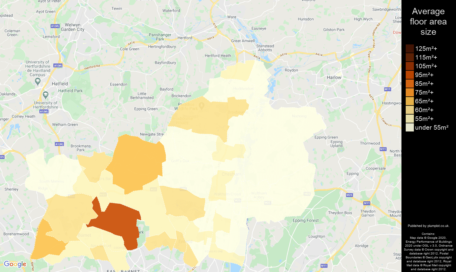 Enfield map of average floor area size of flats