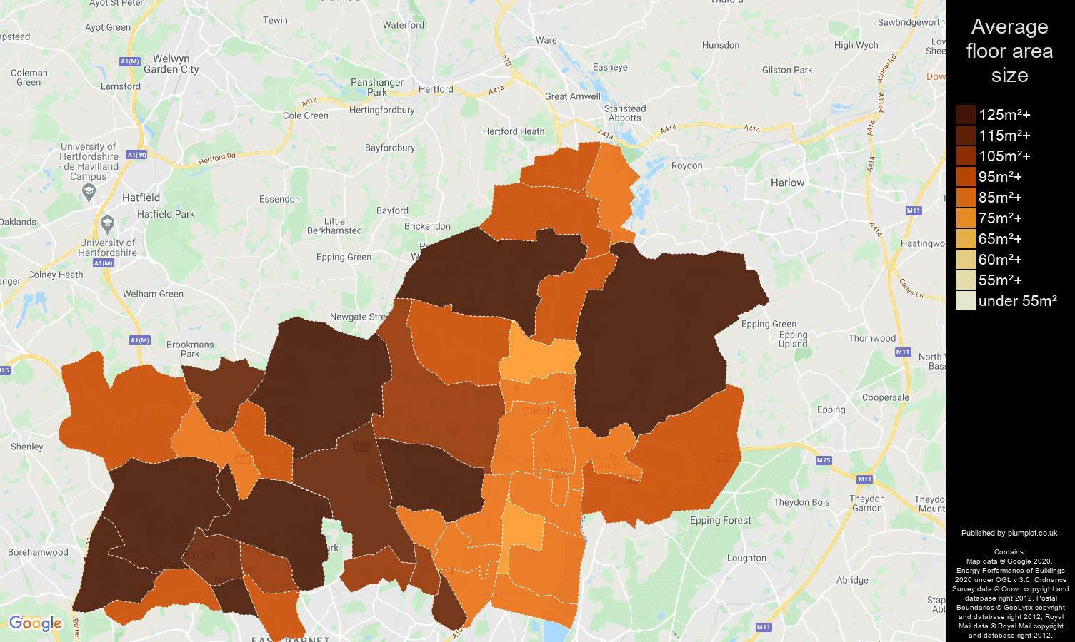 Enfield map of average floor area size of houses
