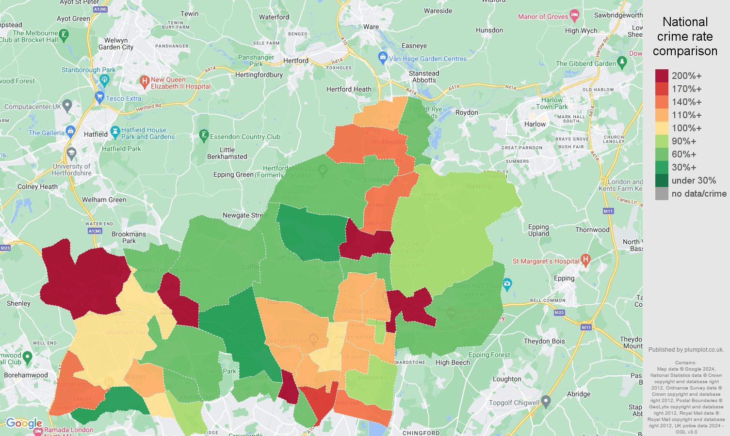 Enfield other theft crime rate comparison map