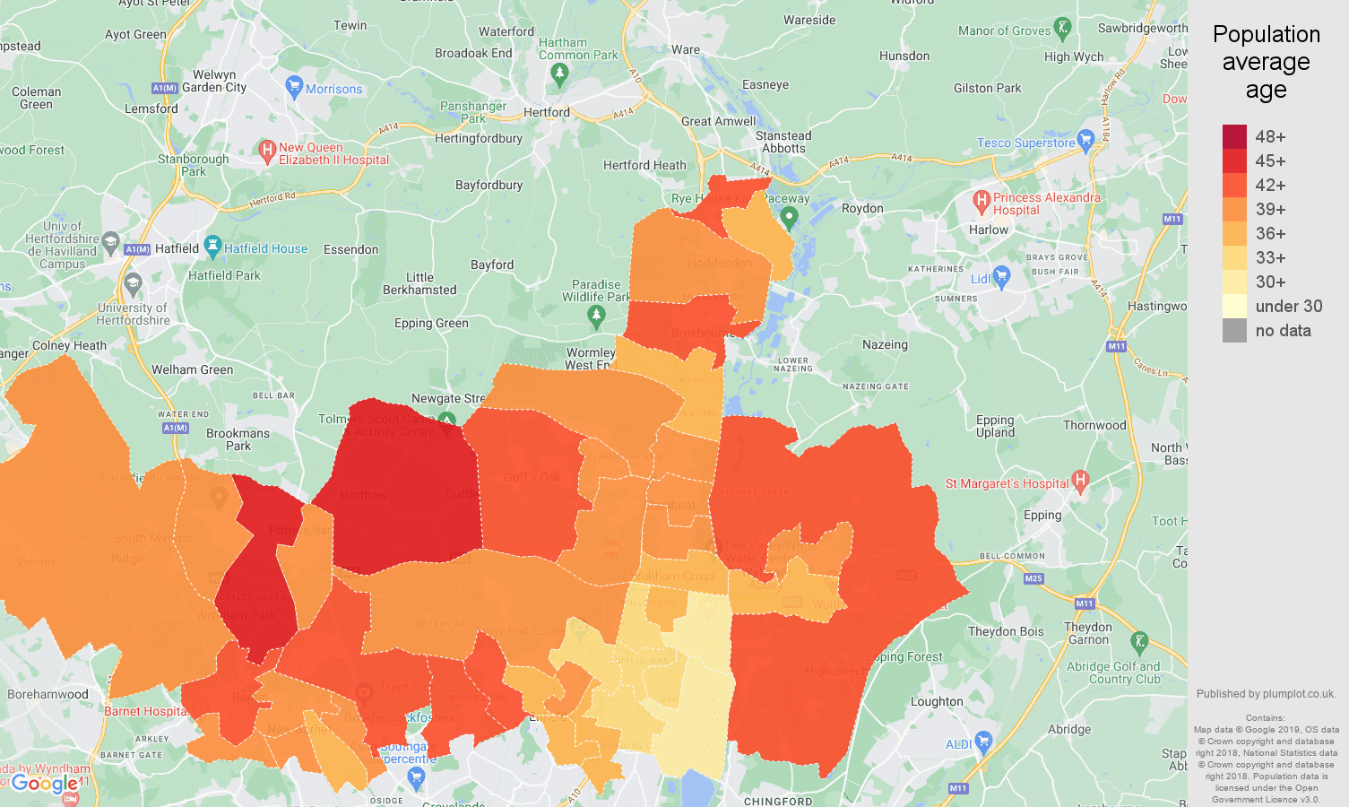 Enfield population average age map