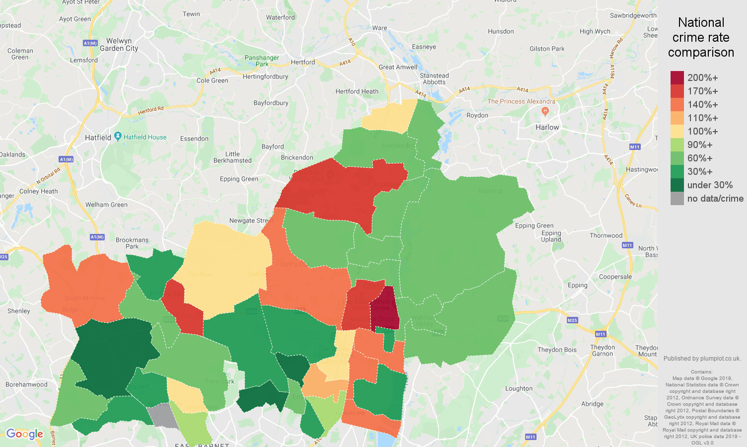 Enfield possession of weapons crime rate comparison map