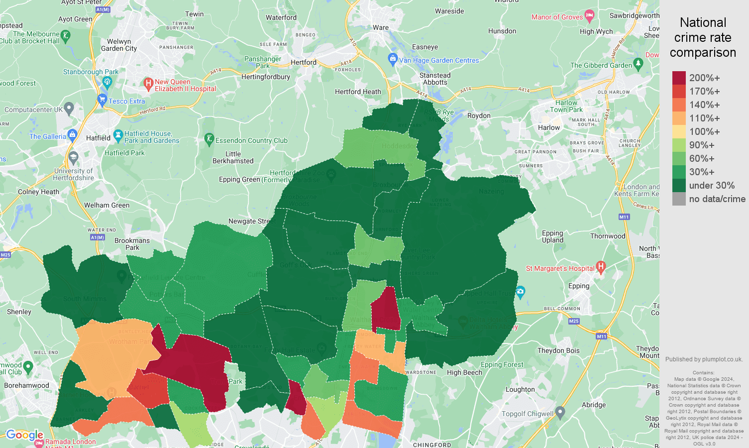 Enfield theft from the person crime rate comparison map
