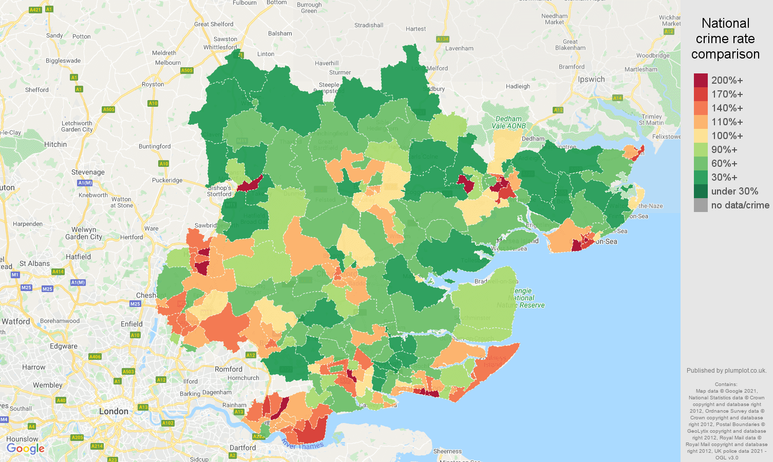 Essex antisocial behaviour crime rate comparison map