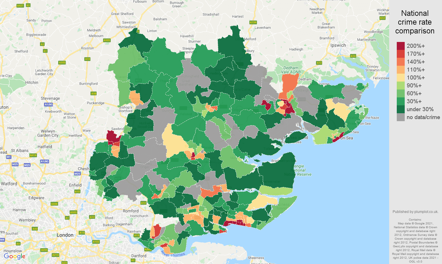 Essex bicycle theft crime rate comparison map