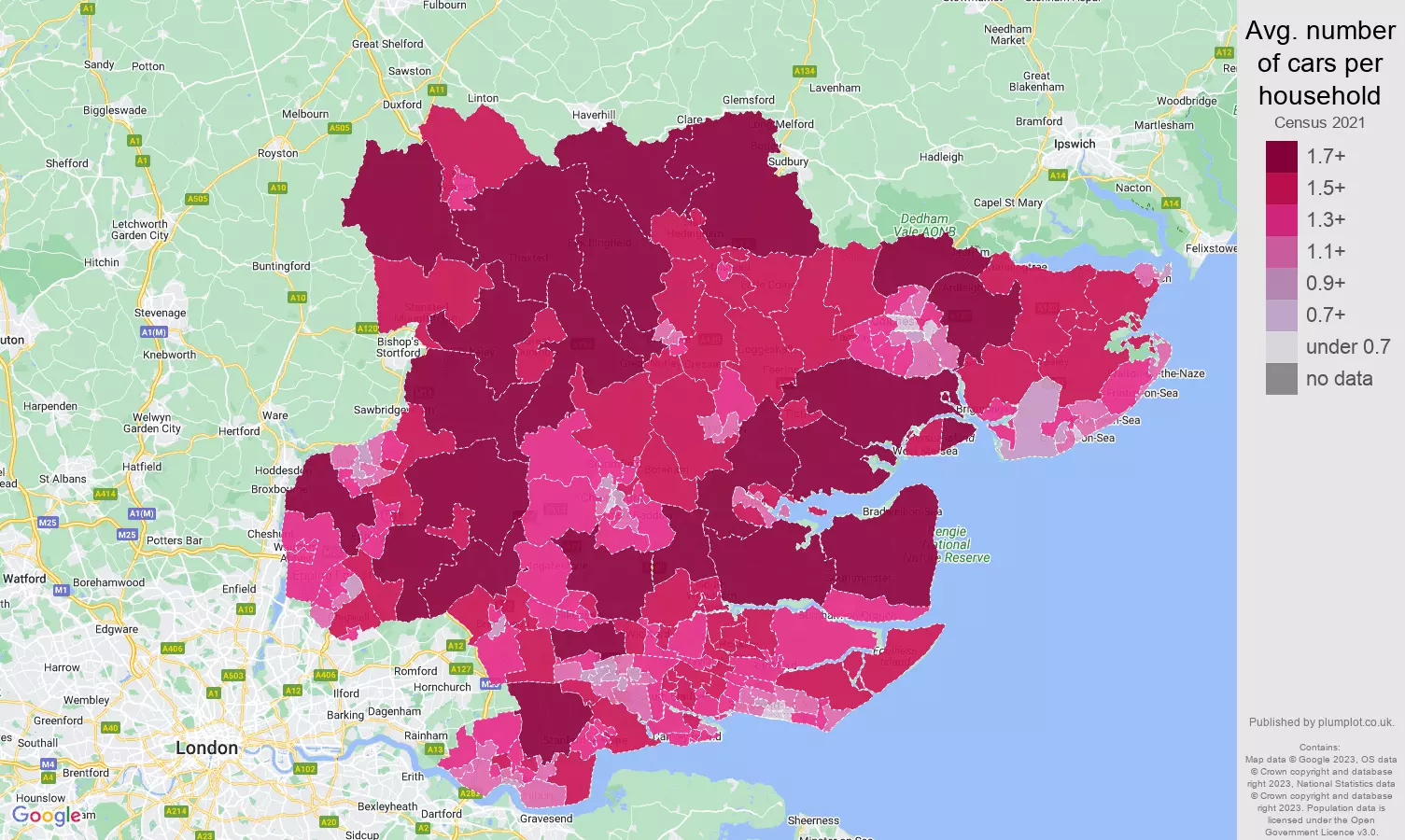 Essex cars per household map