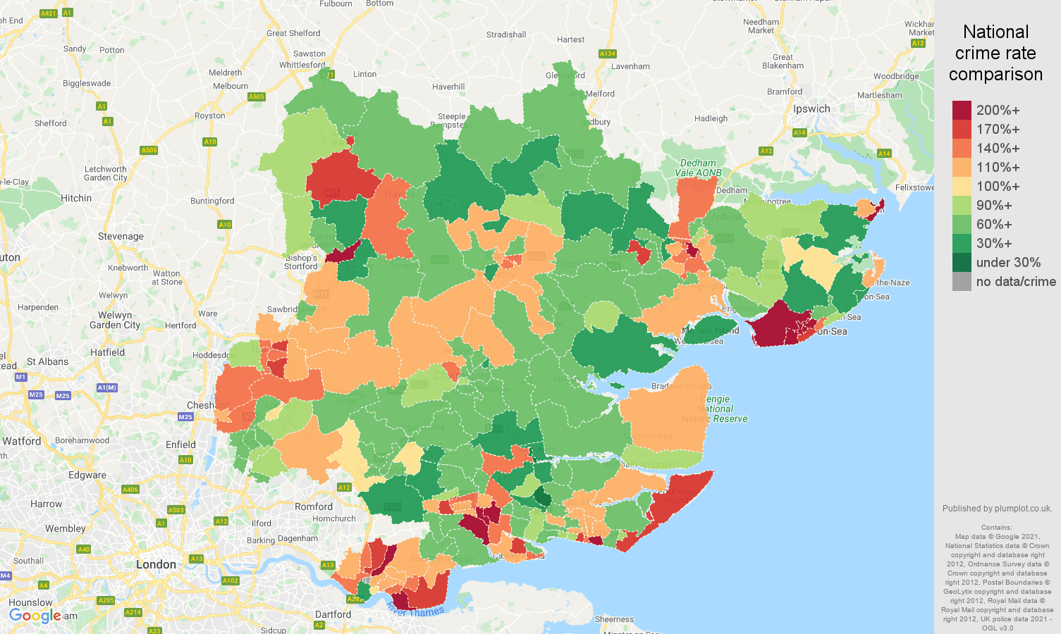 Essex criminal damage and arson crime rate comparison map