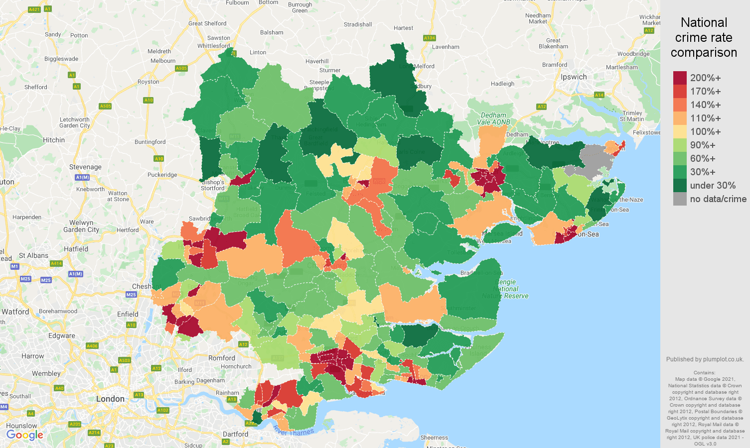 Essex drugs crime rate comparison map