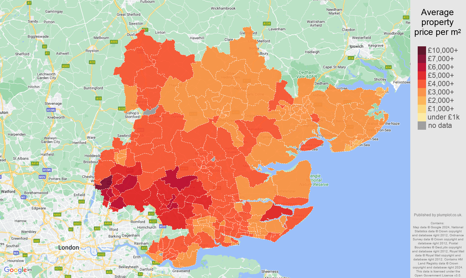 Essex house prices per square metre map