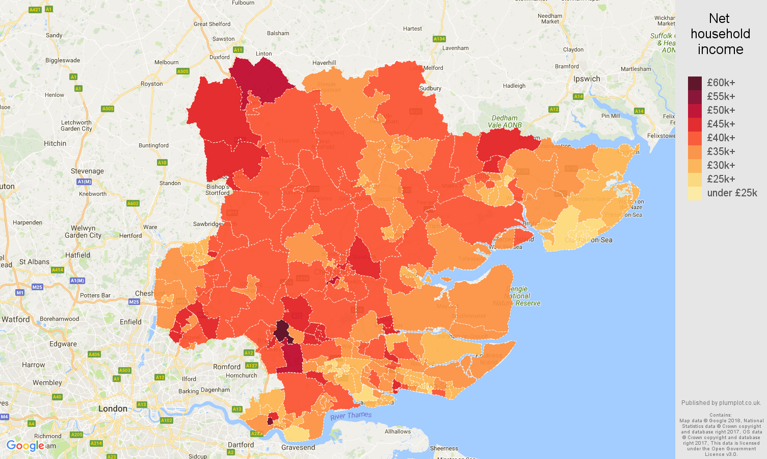 Essex net household income map