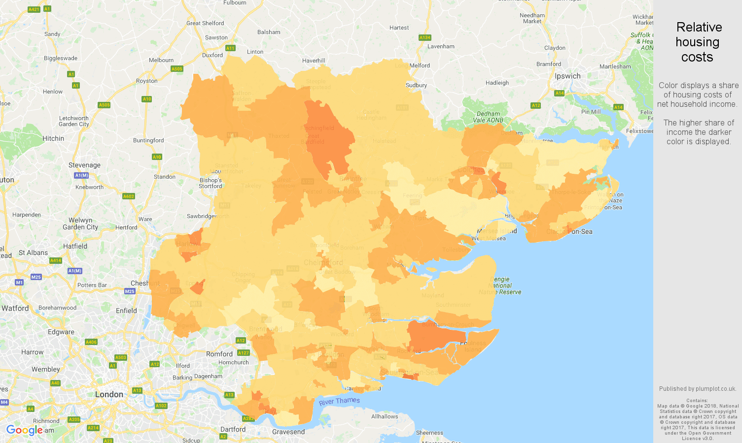 Essex relative housing costs map