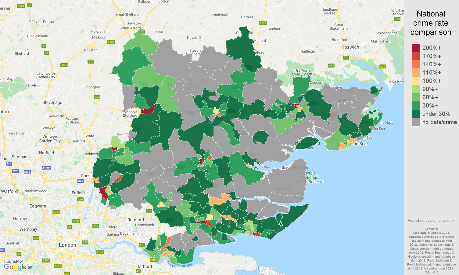 Essex theft from the person crime rate comparison map