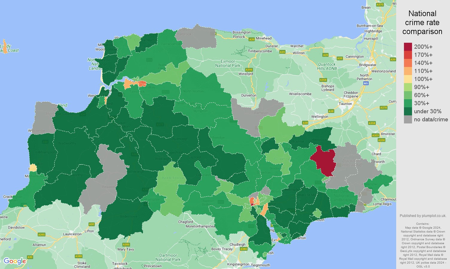 Exeter drugs crime rate comparison map