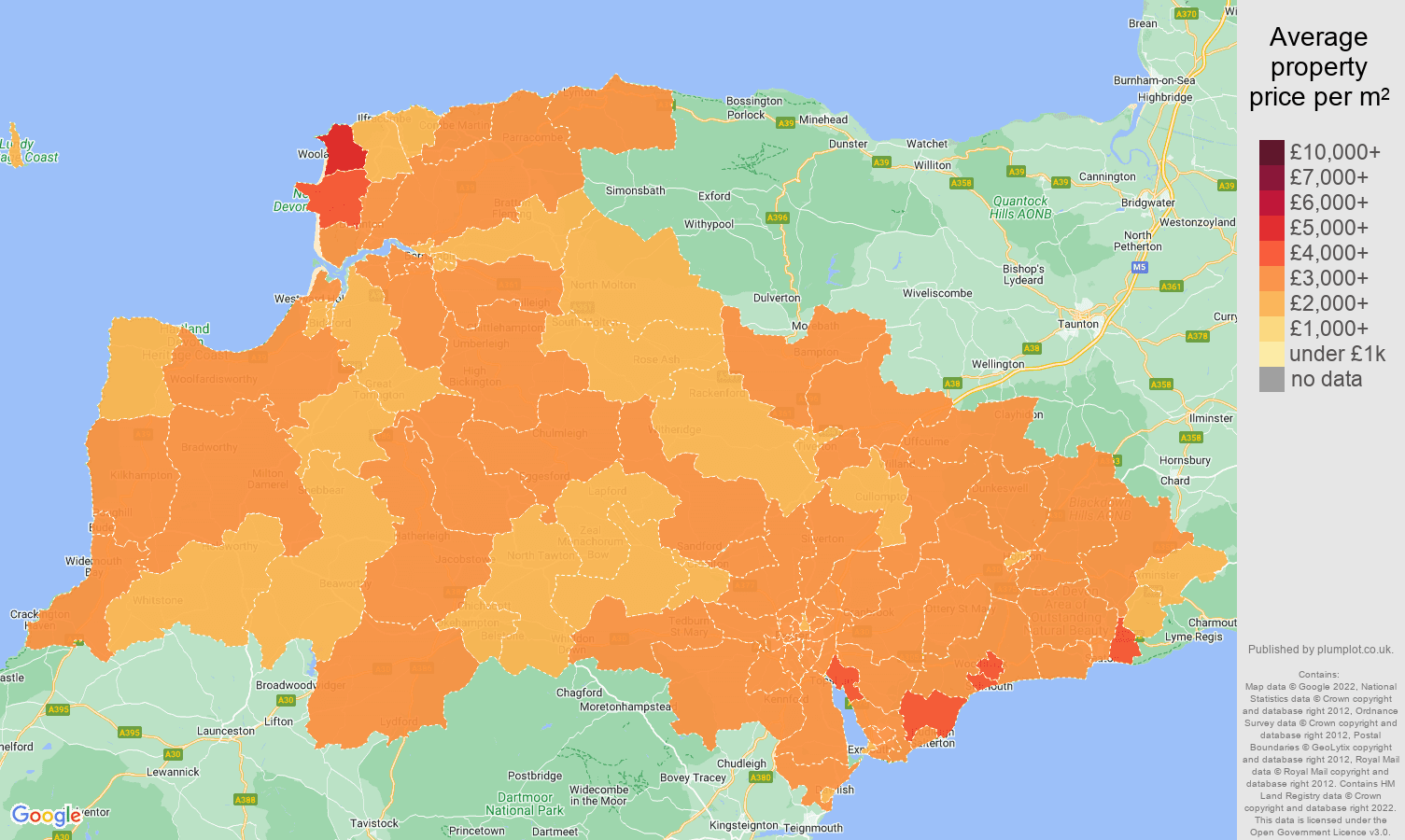 Exeter house prices per square metre map