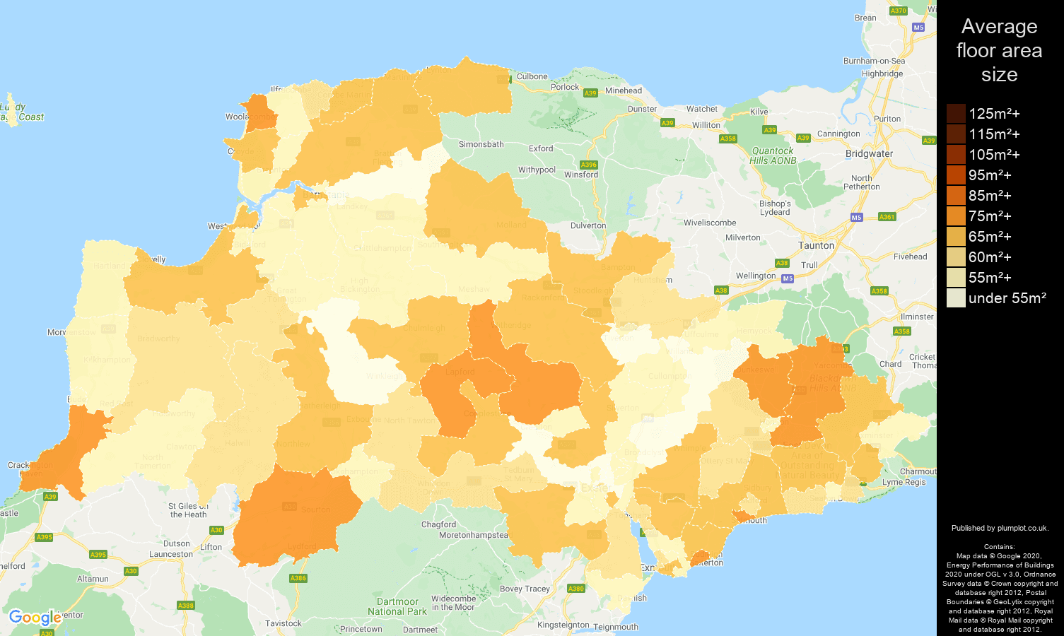 Exeter map of average floor area size of flats