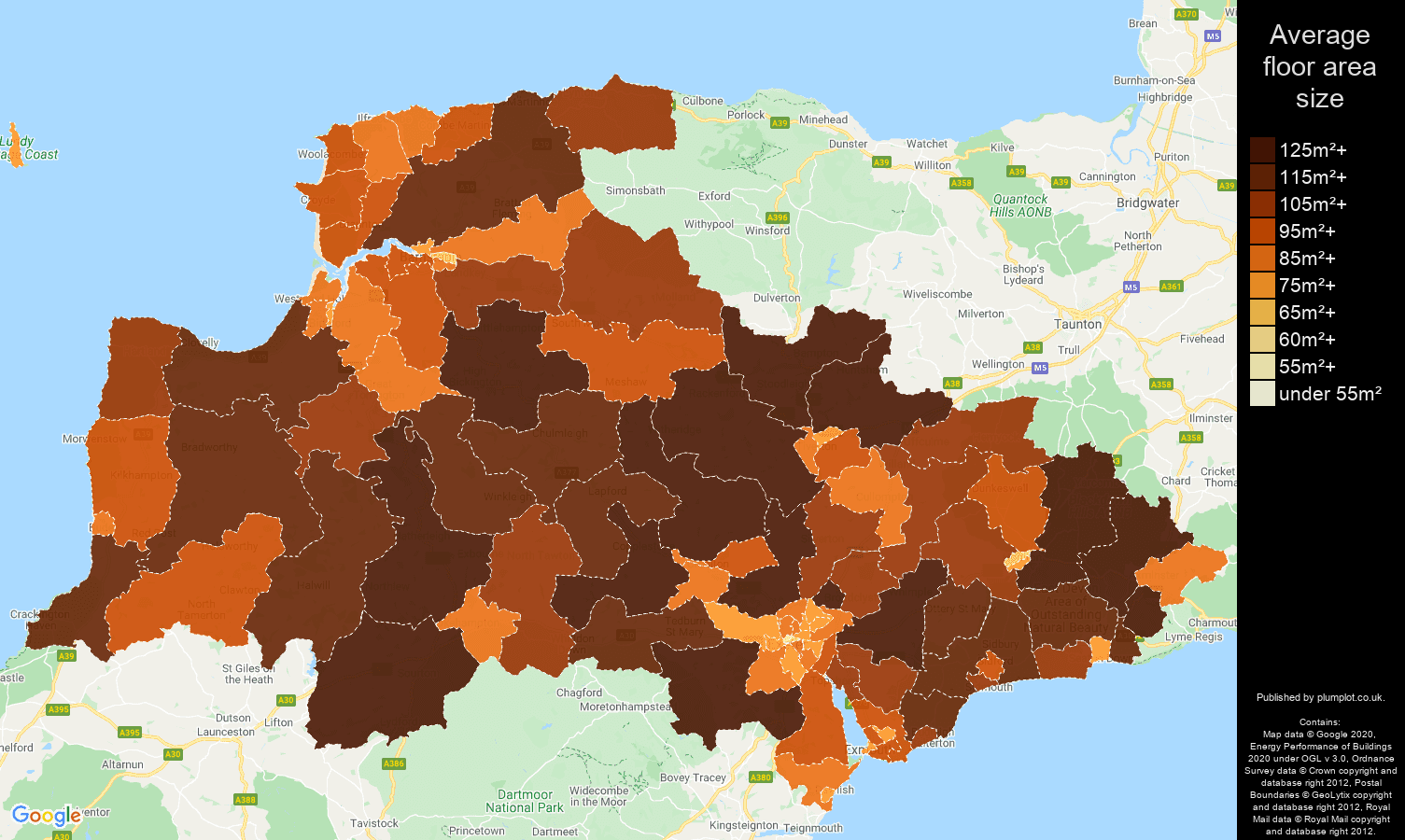 Exeter map of average floor area size of properties