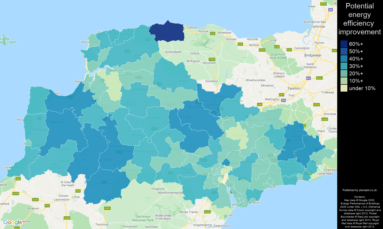 Exeter map of potential energy efficiency improvement of houses