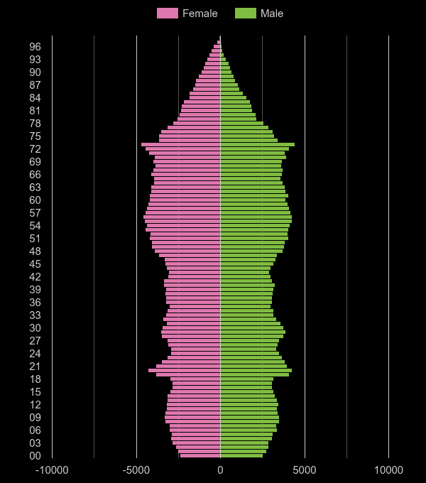 Exeter population pyramid by year