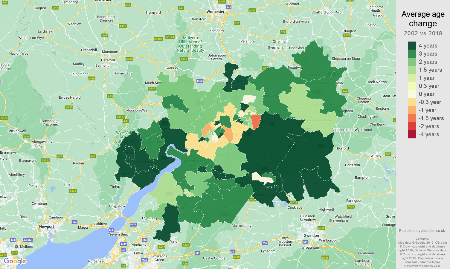 Gloucester average age change map